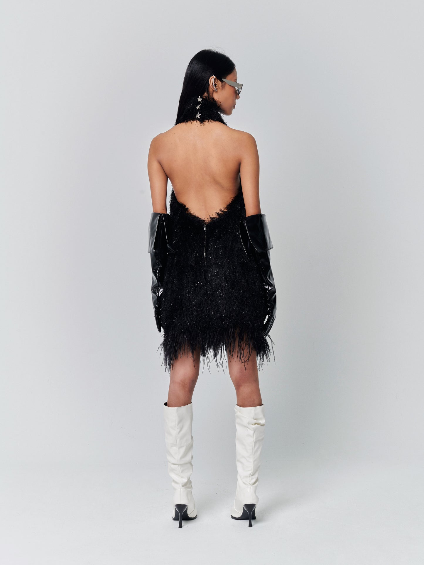 Fluffy Glitter Feather Backless Dress