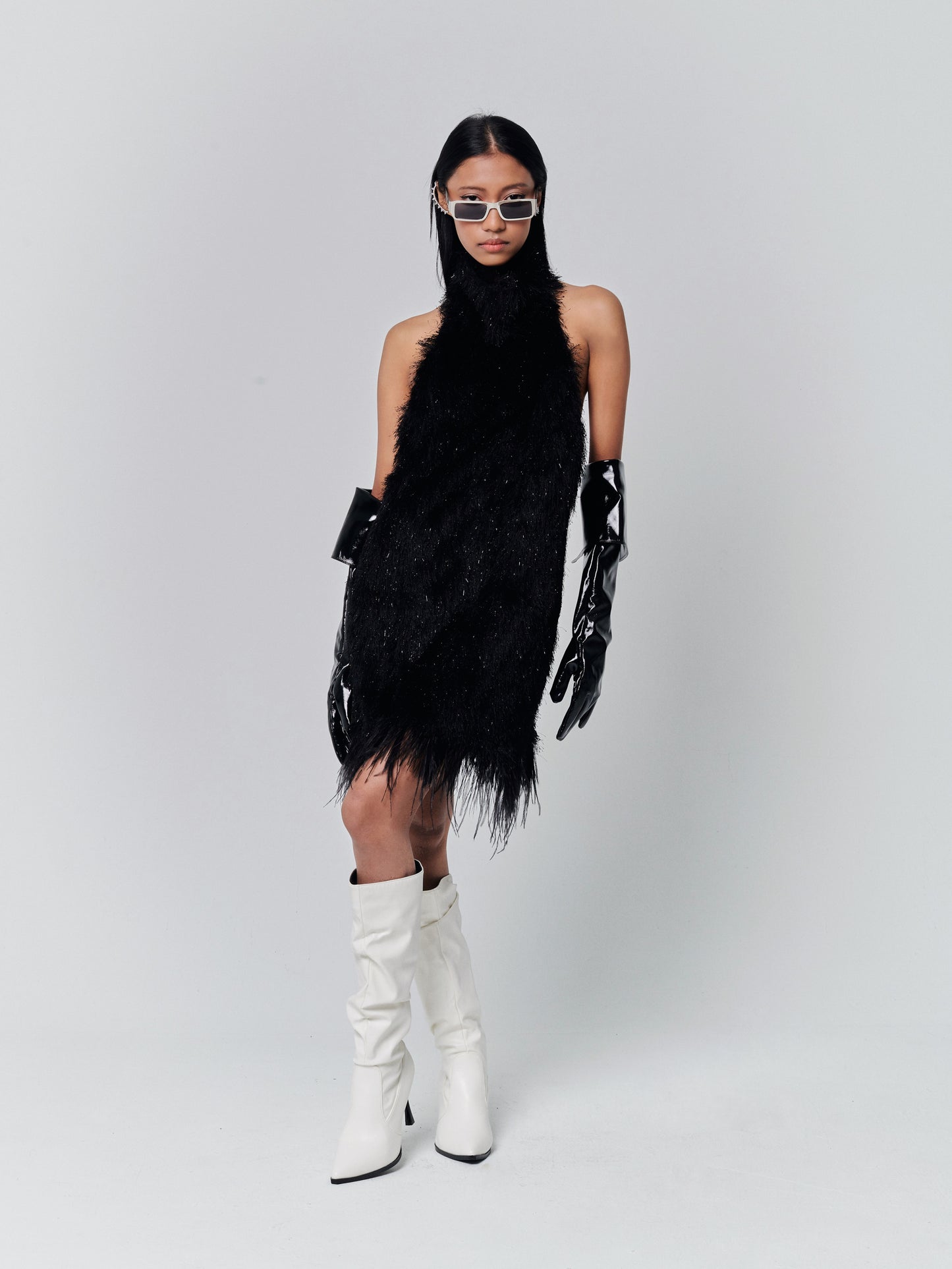 Fluffy Glitter Feather Backless Dress