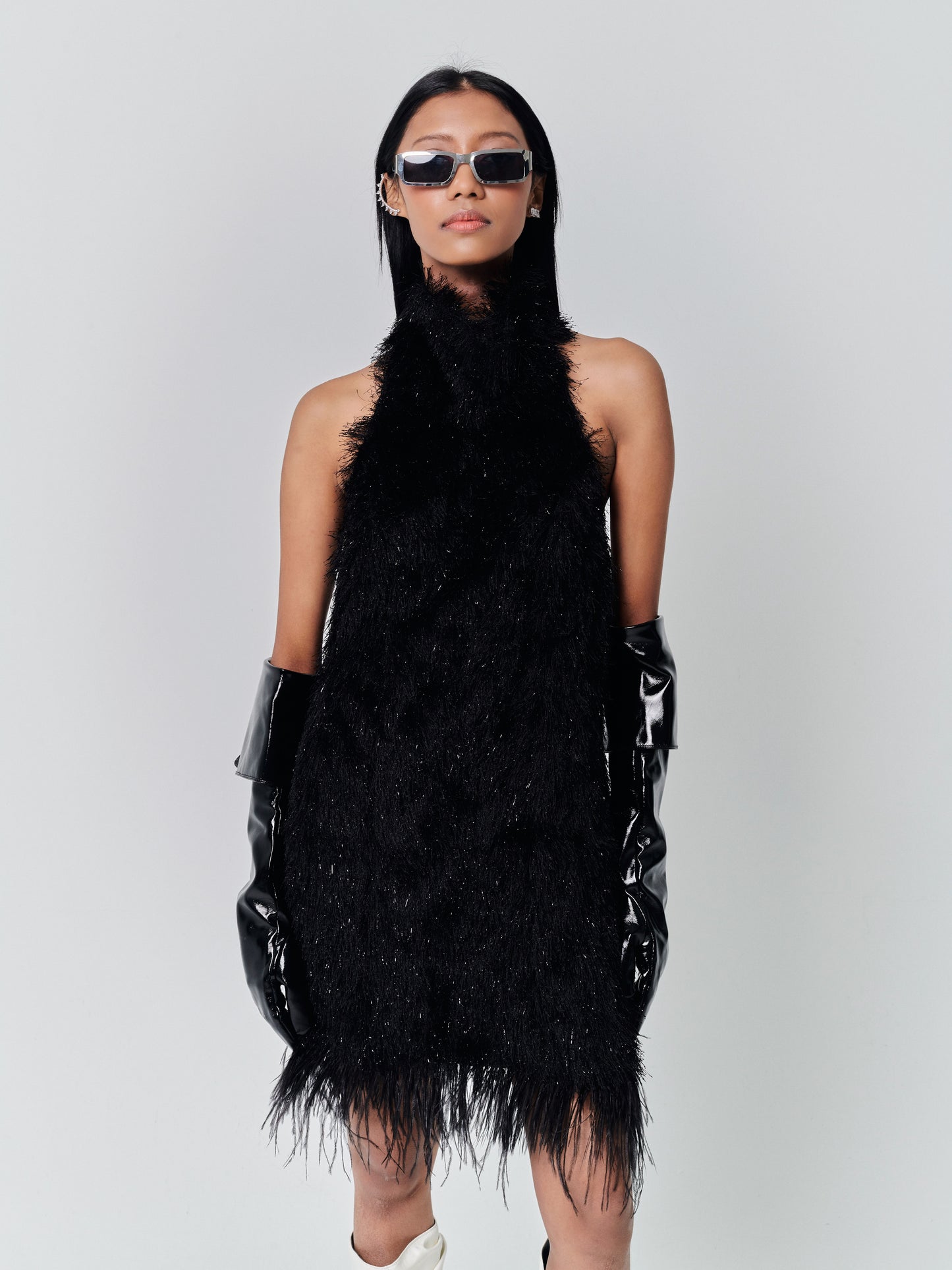 Fluffy Glitter Feather Backless Dress