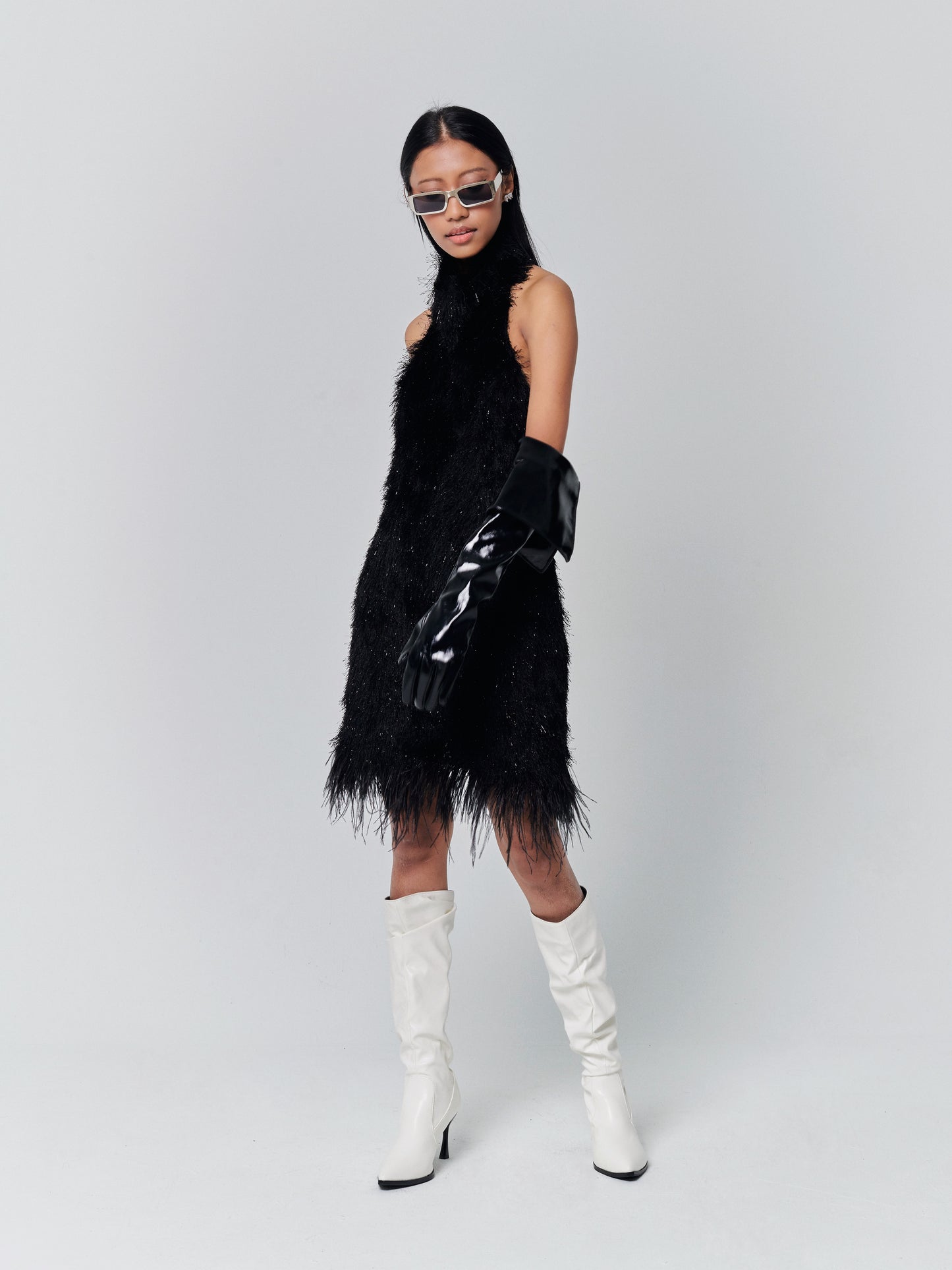 Fluffy Glitter Feather Backless Dress