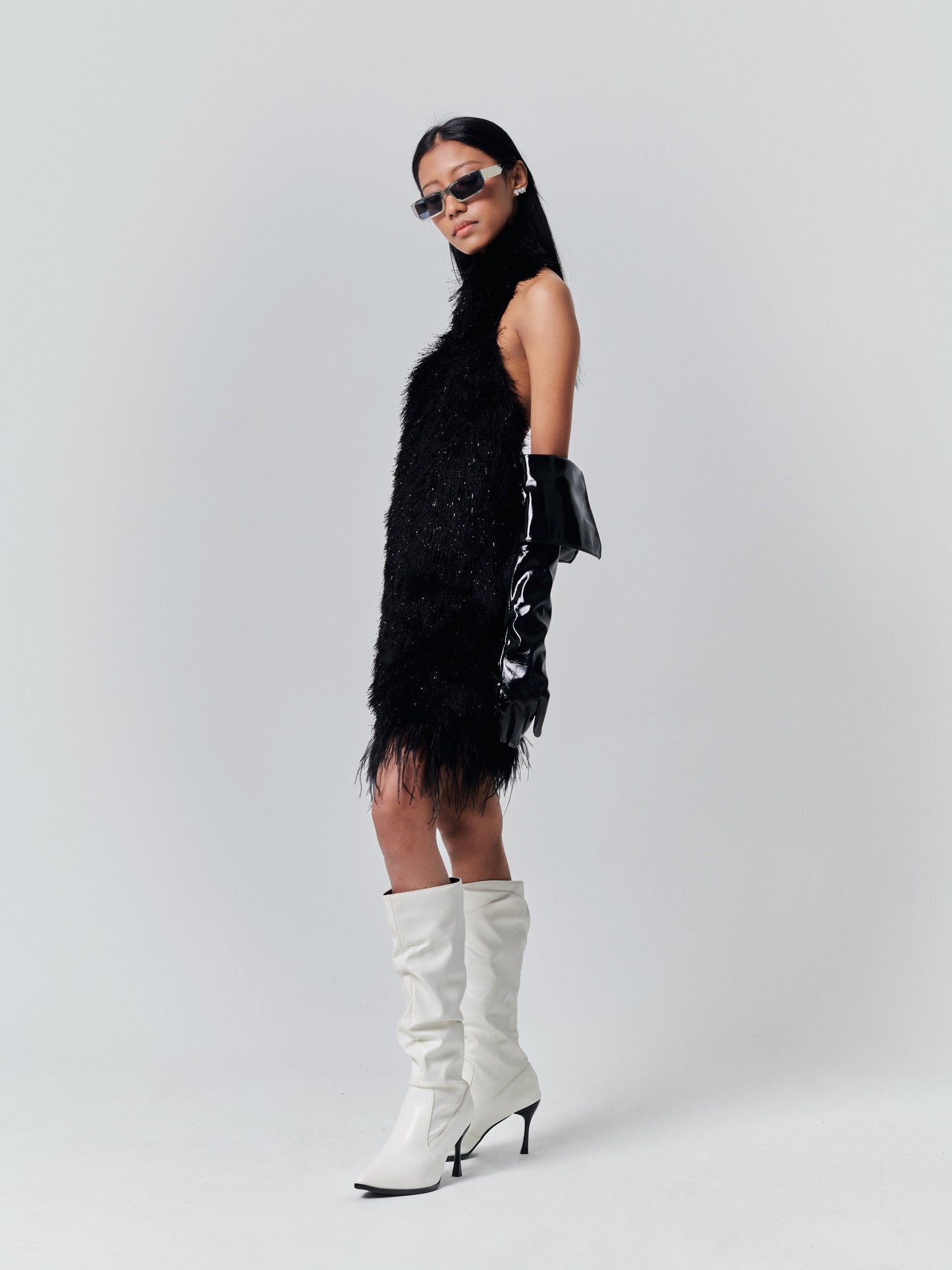 Fluffy Glitter Feather Backless Dress