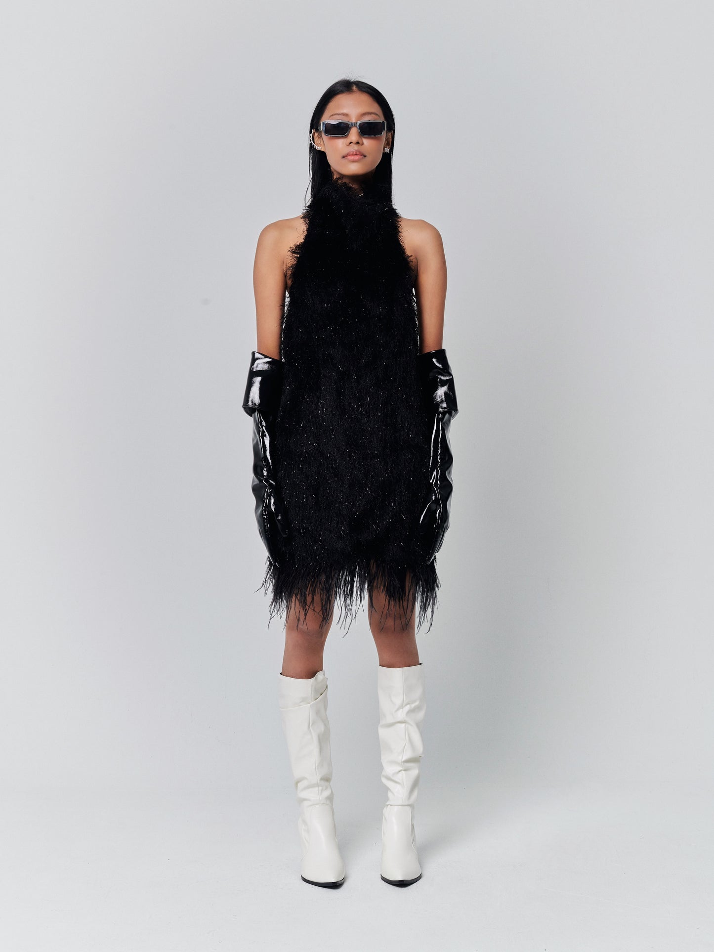 Fluffy Glitter Feather Backless Dress