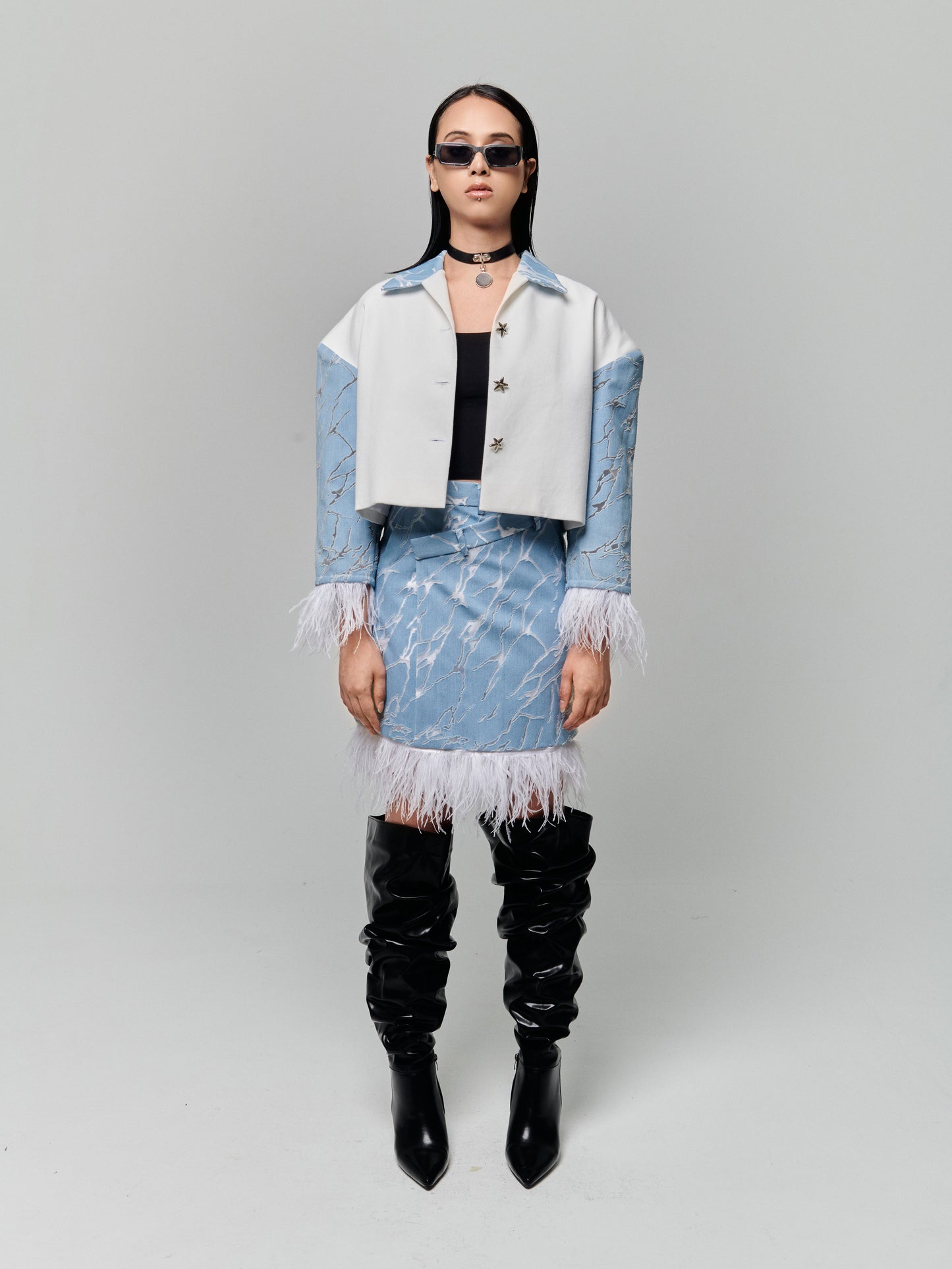 Perforated Denim Feather Skirt