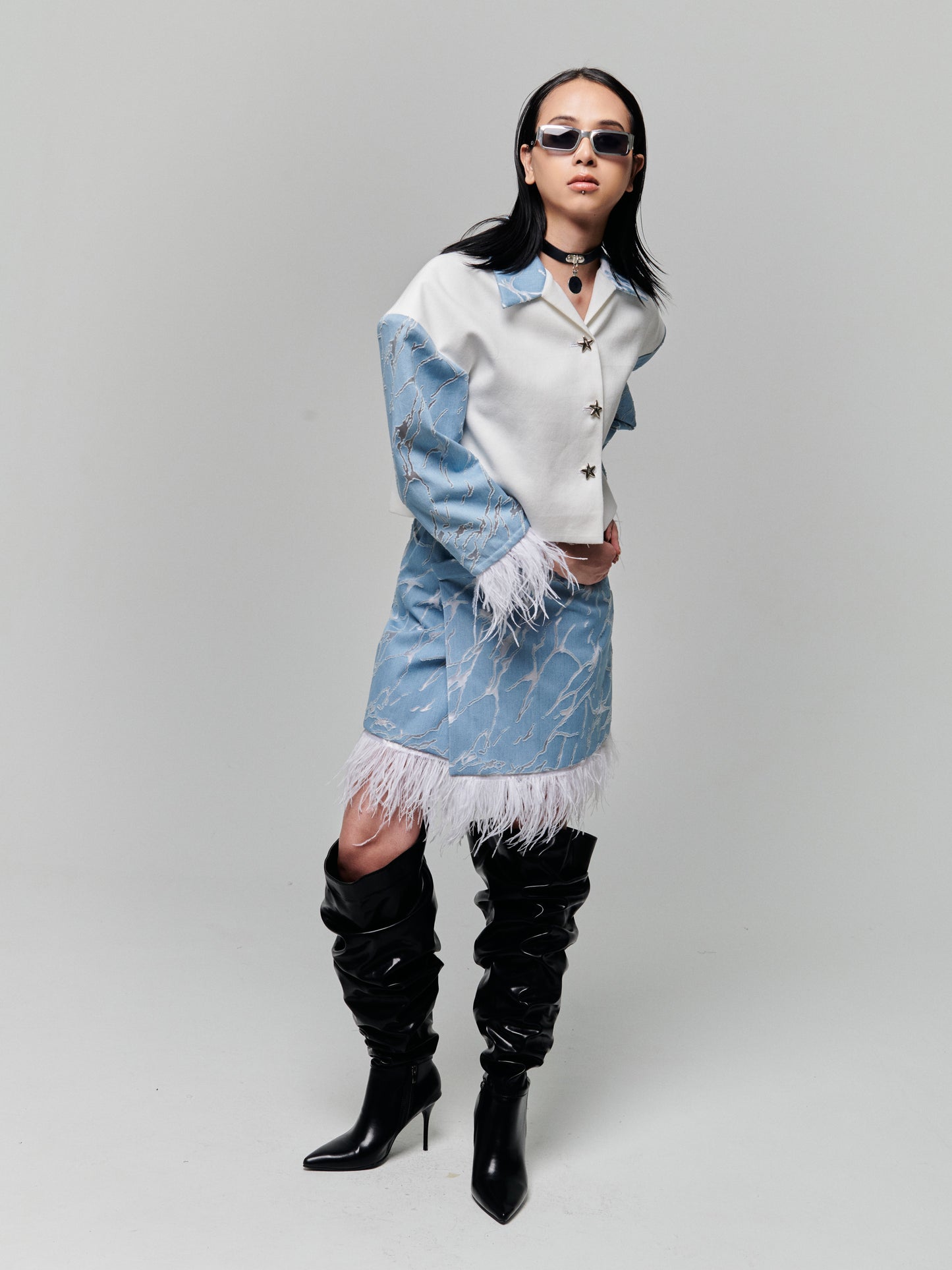 Perforated Denim Feather Skirt