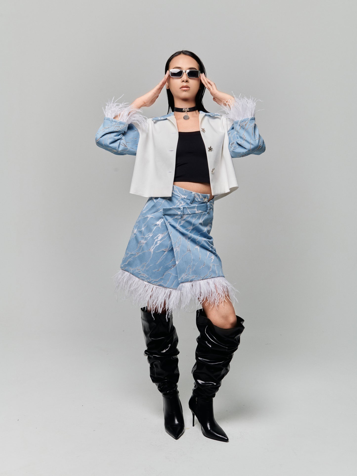 Perforated Denim Feather Skirt